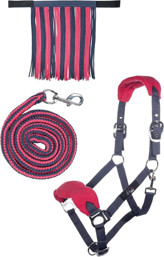 HKM Holster met gebreide karabijnhaak & vliegenfranjes, grijs/roze, pony - happygetfit.com