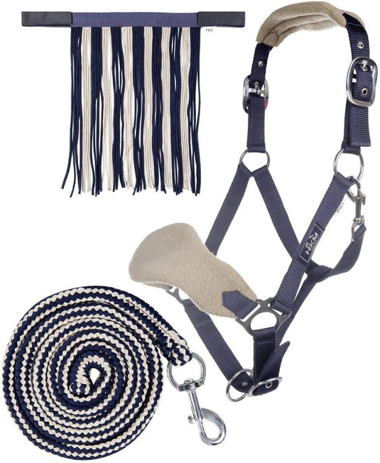 HKM Holster met gebreide karabijnhaak & vliegenfranjes, grijs/roze, pony - happygetfit.com