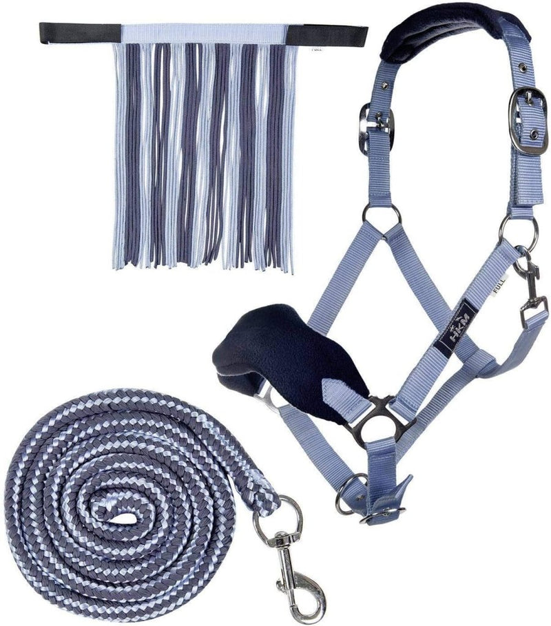 Laad afbeelding in Galerijviewer, HKM Holster met gebreide karabijnhaak &amp; vliegenfranjes, grijs/roze, pony - happygetfit.com
