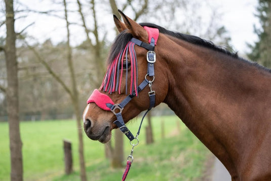 HKM Holster met gebreide karabijnhaak & vliegenfranjes, grijs/roze, pony - happygetfit.com