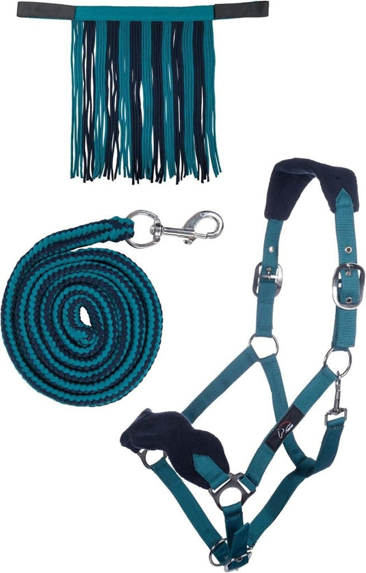 HKM Holster met gebreide karabijnhaak & vliegenfranjes, grijs/roze, pony - happygetfit.com