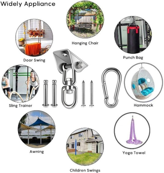 HOMPER 360° draaibare plafondhaak, 304 roestvrij staal, capaciteit 450 kg, met M8 karabijnhaak, schommelhaak voor hangstoel, beton, hout, yoga, hangmat, stoel, zandzak, wandhaak, gym (Zwart) - happygetfit.com
