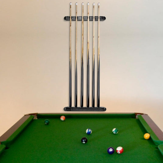 Houten biljartkeu wandhouder voor 6 keuen – zwart keurek voor pool en snooker - happygetfit.com