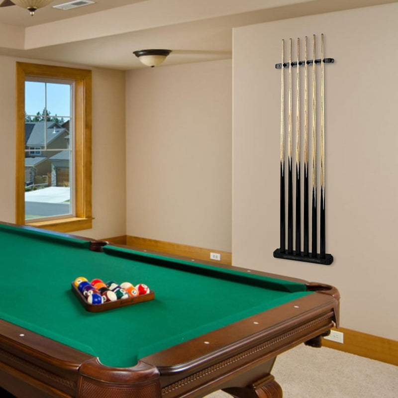 Load image into Gallery viewer, Houten biljartkeu wandhouder voor 6 keuen – zwart keurek voor pool en snooker - happygetfit.com
