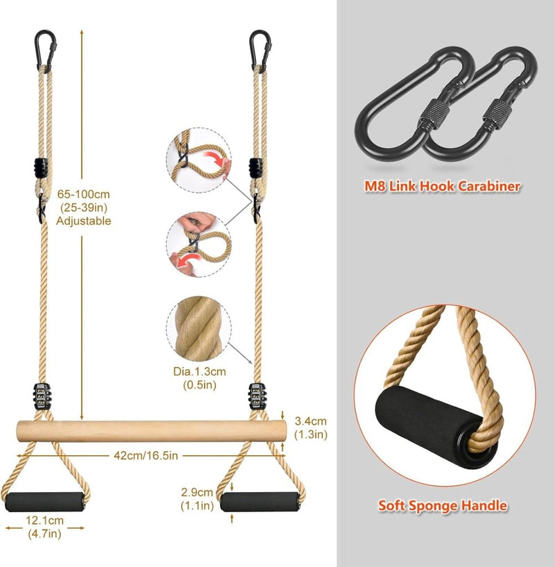 Laad afbeelding in Galerijviewer, Houten trapezeschommel met zachte handgrepen en verstelbare touwen tot 100 kg – turnschommel - happygetfit.com
