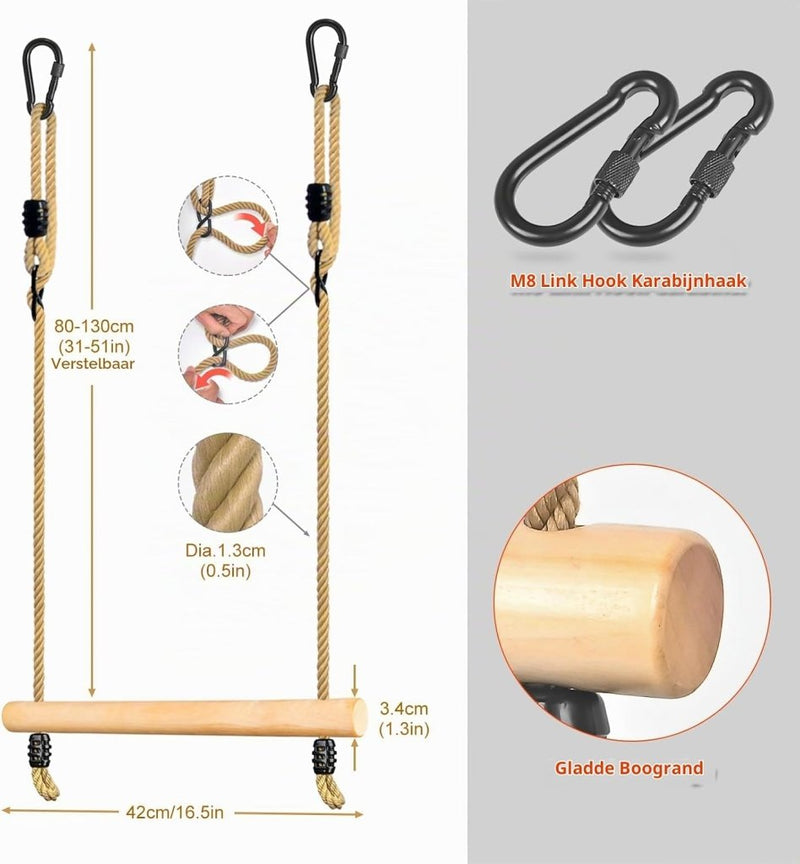 Charger l’image dans la visionneuse de galerie, Houten trapezestang voor kinderen 42 cm met verstelbare ophangtouwen – turnschommel – speeltoestel - happygetfit.com
