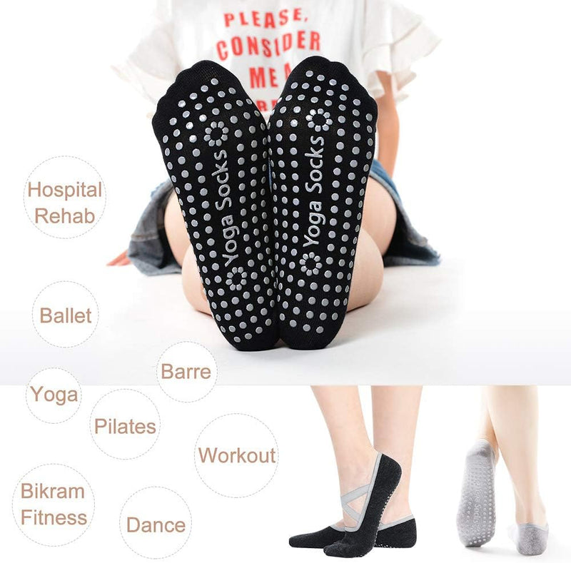 Laad afbeelding in Galerijviewer, Hually Yoga Sokken, (2 stuks) Antislip Pilates Sokken voor Dames, Grips &amp; Straps, Ideaal voor Pilates, Pure Barre, Ballet, Dans, Zwart en Grijs - happygetfit.com
