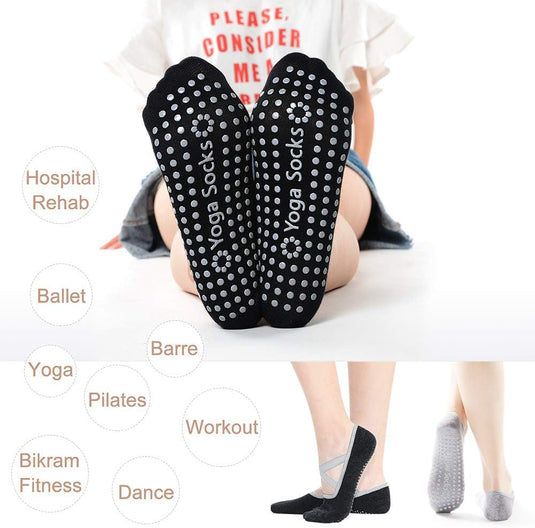 Hually Yoga Sokken, (2 stuks) Antislip Pilates Sokken voor Dames, Grips & Straps, Ideaal voor Pilates, Pure Barre, Ballet, Dans, Zwart en Grijs - happygetfit.com