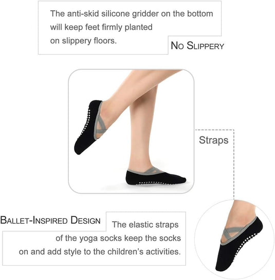 Hually Yoga Sokken, (2 stuks) Antislip Pilates Sokken voor Dames, Grips & Straps, Ideaal voor Pilates, Pure Barre, Ballet, Dans, Zwart en Grijs - happygetfit.com