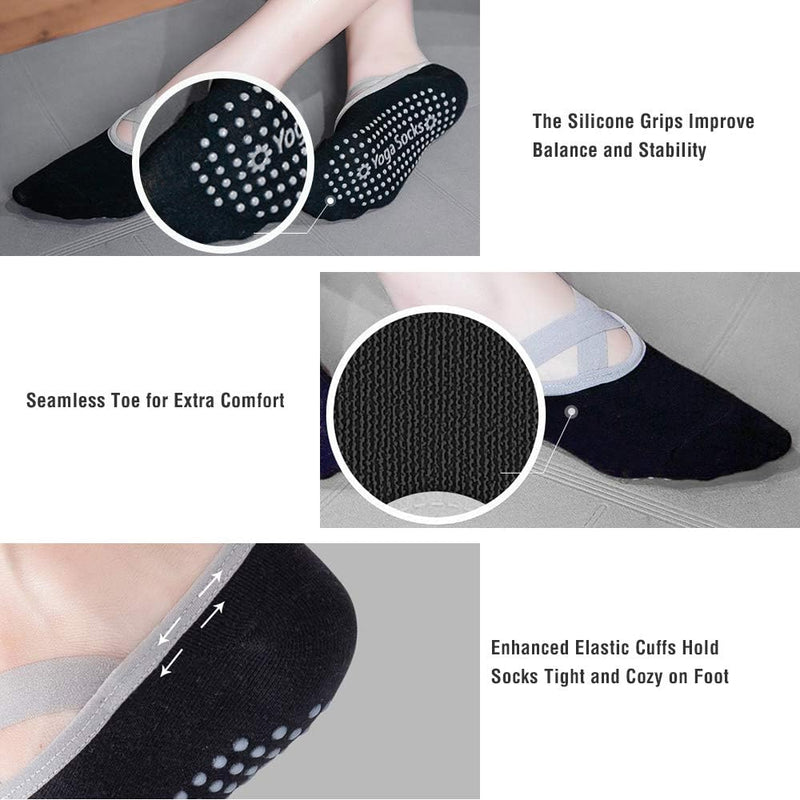 Laad afbeelding in Galerijviewer, Hually Yoga Sokken, (2 stuks) Antislip Pilates Sokken voor Dames, Grips &amp; Straps, Ideaal voor Pilates, Pure Barre, Ballet, Dans, Zwart en Grijs - happygetfit.com

