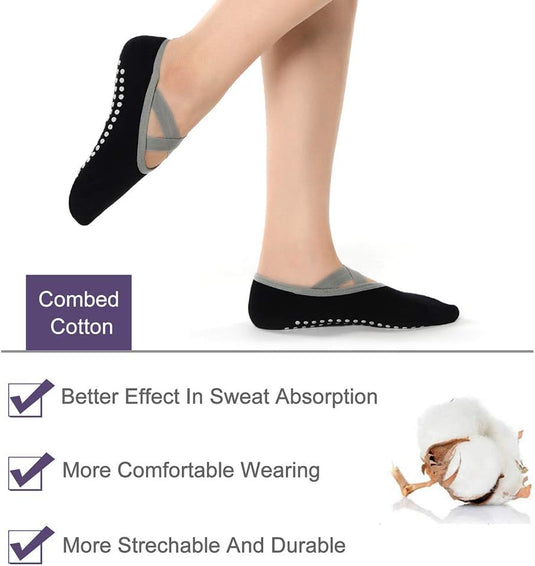 Hually Yoga Sokken, (2 stuks) Antislip Pilates Sokken voor Dames, Grips & Straps, Ideaal voor Pilates, Pure Barre, Ballet, Dans, Zwart en Grijs - happygetfit.com