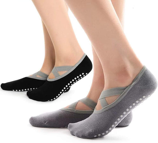 Hually Yoga Sokken, (2 stuks) Antislip Pilates Sokken voor Dames, Grips & Straps, Ideaal voor Pilates, Pure Barre, Ballet, Dans, Zwart en Grijs - happygetfit.com