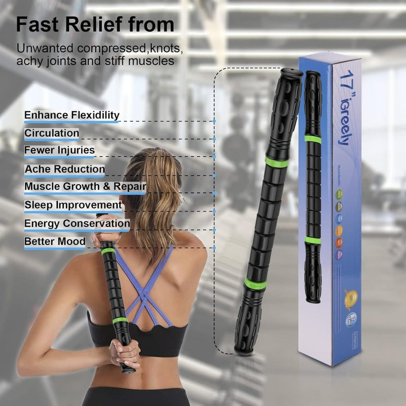 Load image into Gallery viewer, iGreely Foamroller 17 inch, iGreely massagerol met dubbele handgreep, bultontwerp massageroller, spierroller stick aanbevolen door fysiotherapeuten bevordert herstel snelle verlichting voor krampen - happygetfit.com
