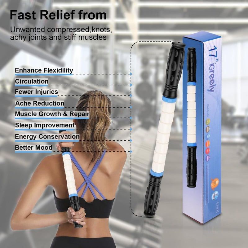 Laad afbeelding in Galerijviewer, iGreely Premium Muscle Roller the Ultimate Massage Roller Stick 17 Inches Recommended By Physical Therapists Promotes Recovery Fast Relief for Cramps Soreness Tight Muscles Black - happygetfit.com
