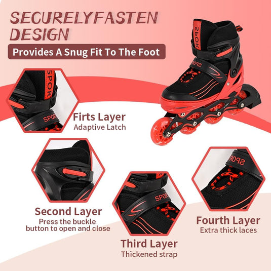 Inlineskates voor kinderen, in grootte verstelbare inline skates voor kinderen, volwassenen, meisjes en jongens, inline skates, rolschaatsen voor binnen en buiten, rood - happygetfit.com