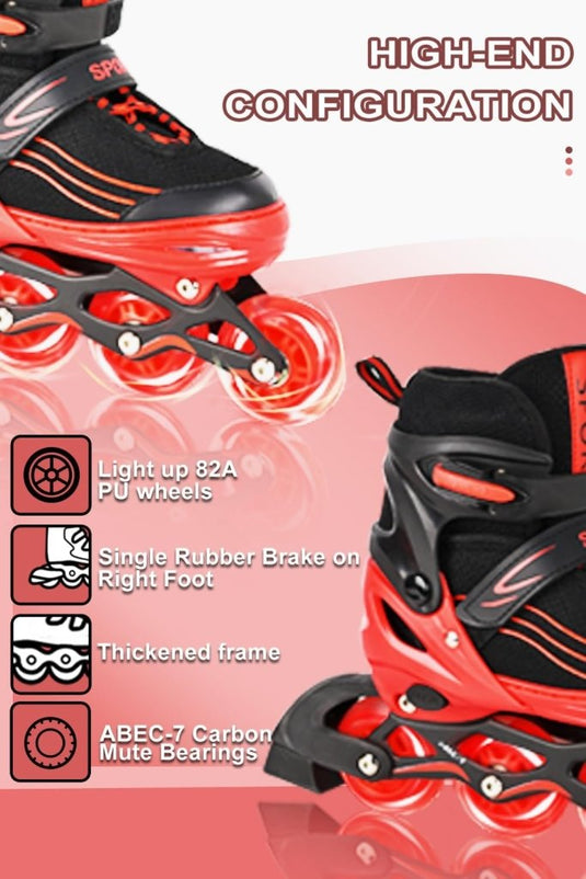 Inlineskates voor kinderen, in grootte verstelbare inline skates voor kinderen, volwassenen, meisjes en jongens, inline skates, rolschaatsen voor binnen en buiten, rood - happygetfit.com