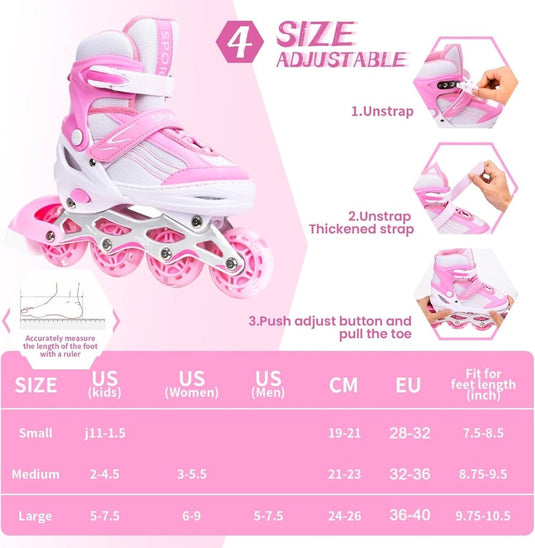 Inlineskates voor kinderen, in grootte verstelbare inline skates voor kinderen, volwassenen, meisjes en jongens, inline skates, rolschaatsen voor binnen en buiten, sakura roze - happygetfit.com