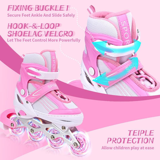Inlineskates voor kinderen, in grootte verstelbare inline skates voor kinderen, volwassenen, meisjes en jongens, inline skates, rolschaatsen voor binnen en buiten, sakura roze - happygetfit.com
