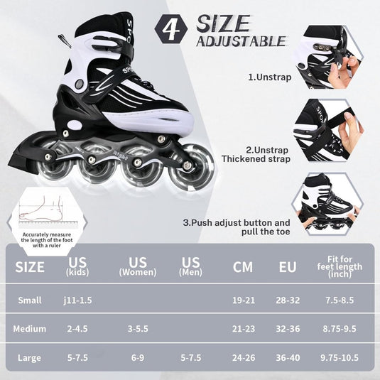 Inlineskates voor kinderen, in grootte verstelbare inline skates voor kinderen, volwassenen, meisjes en jongens, inline skates, rolschaatsen voor binnen en buiten, zwart en wit - happygetfit.com