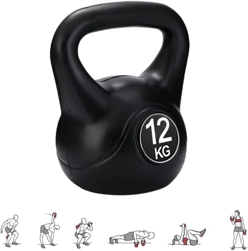 Laad afbeelding in Galerijviewer, Een zwarte kettlebell van 12 kg, &quot;De perfecte workoutpartner: Kettlebell gewicht met ergonomische handgreep&quot;, illustreert zes oefeningen voor veelzijdige krachttraining-integratie.
