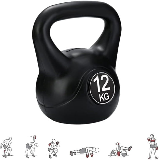 Een zwarte kettlebell van 12 kg, "De perfecte workoutpartner: Kettlebell gewicht met ergonomische handgreep", illustreert zes oefeningen voor veelzijdige krachttraining-integratie.