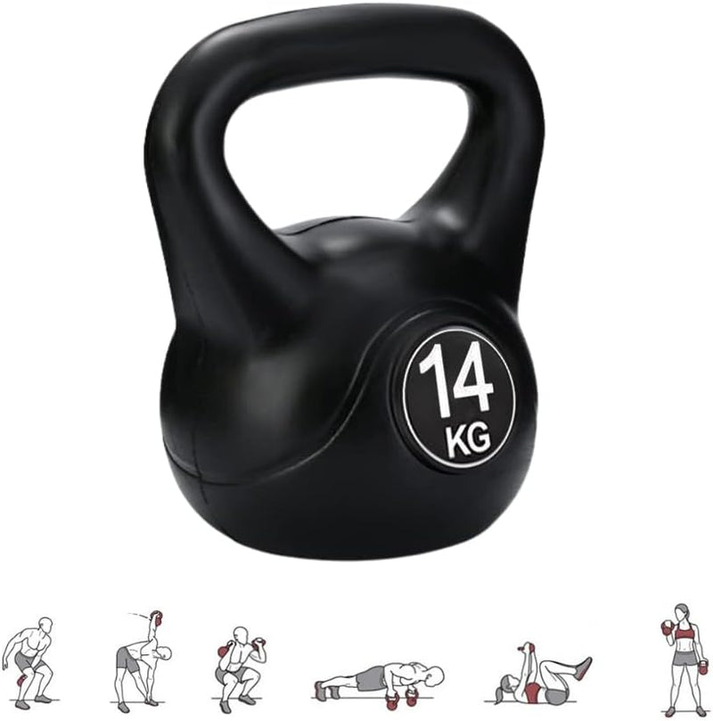 Laad afbeelding in Galerijviewer, De perfecte workoutpartner: Kettlebell van 14 kg met ergonomische handgreep heeft kleine iconen aan de onderkant die diverse oefenhoudingen tonen om uw trainingen te trainen.
