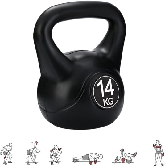 De perfecte workoutpartner: Kettlebell van 14 kg met ergonomische handgreep heeft kleine iconen aan de onderkant die diverse oefenhoudingen tonen om uw trainingen te trainen.