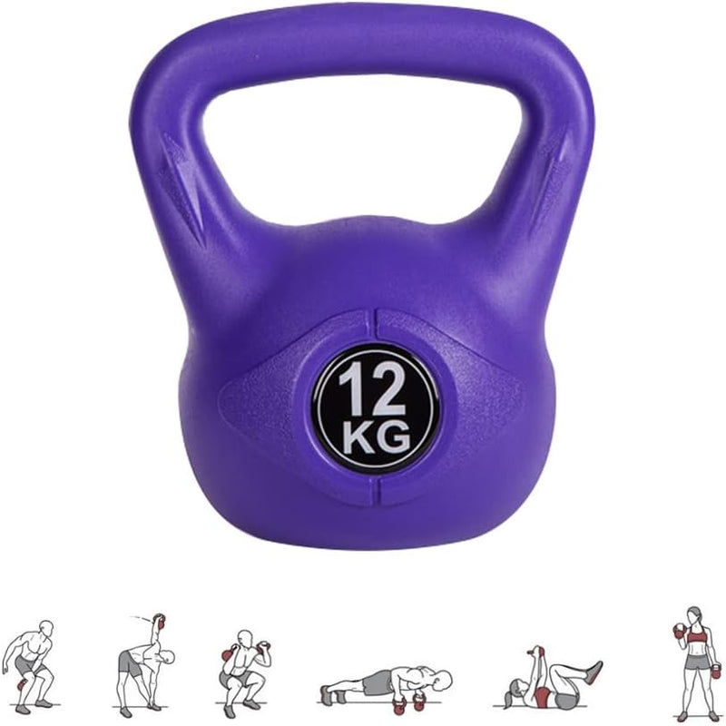 Laad afbeelding in Galerijviewer, Een paarse kettlebell van 12 kg, getiteld &quot;De perfecte workoutpartner: Kettlebell gewicht met ergonomische handgreep&quot;, is te zien boven illustraties van verschillende krachttrainingsoefeningen.
