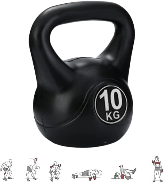 Een zwarte kettlebell van 10 kg met een ergonomische handgreep, met aan de onderkant illustraties van krachttrainingsoefeningen.