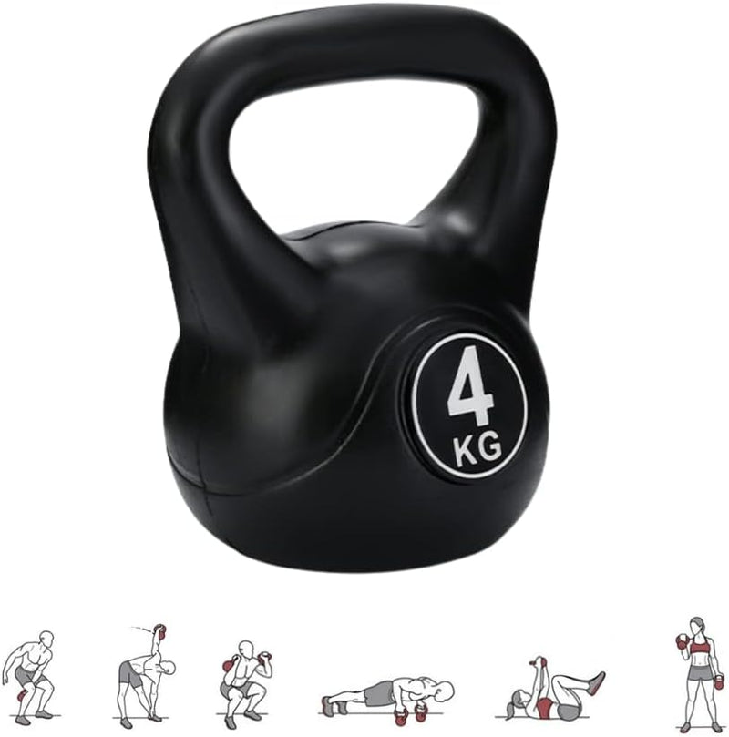 Laad afbeelding in Galerijviewer, Zwarte 4 kg kettlebell met ergonomische handgreep, rechtop gepositioneerd. Hieronder zijn zes kleine illustraties afgebeeld van kettlebelloefeningen voor krachttraining met behulp van &quot;De perfecte workout partner: Kettlebell gewicht met ergonomische handgreep.
