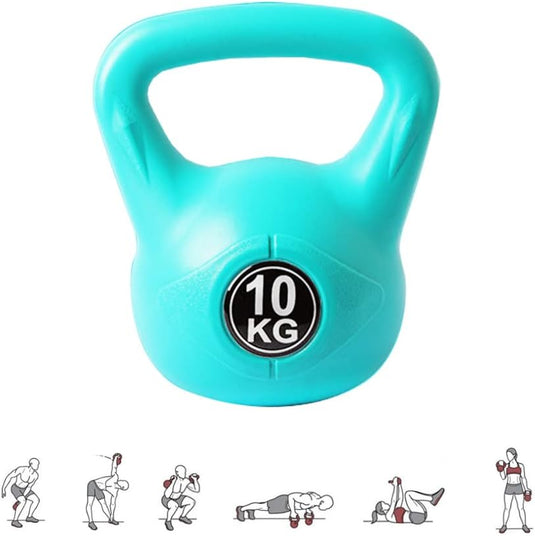 Een turquoise kettlebell van 10 kg, genaamd "De perfecte workout partner: Kettlebell gewicht met ergonomische handgreep", wordt getoond met zes illustraties die verschillende krachttrainingsoefeningen demonstreren.