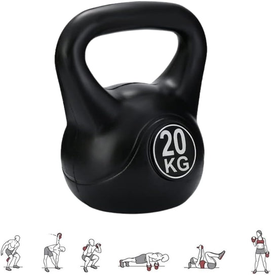 De zwarte kettlebell van 20 kg, "De perfecte workout partner: Kettlebell gewicht met ergonomische handgreep", toont oefenillustraties van verschillende houdingen en is ideaal voor krachttraining met zijn ergonomische handgreep voor maximaal comfort en controle.