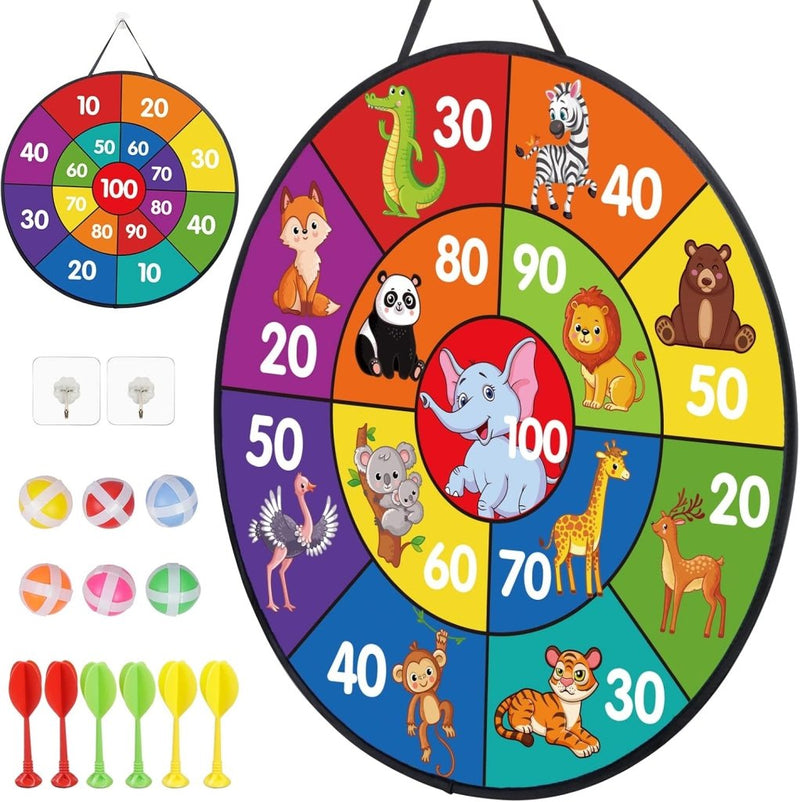 Załaduj obraz w przeglądarce galerii, Kinderdartspel 66 cm met dubbelzijdig dierenbord, 6 kleefballen en 6 dartpijlen – mikvaardigheid – speelplezier - happygetfit.com
