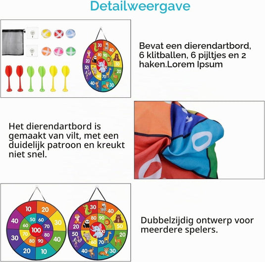 Kinderdartspel 66 cm met dubbelzijdig dierenbord, 6 kleefballen en 6 dartpijlen – mikvaardigheid – speelplezier - happygetfit.com