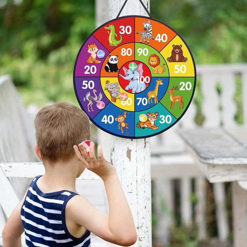 Załaduj obraz w przeglądarce galerii, Kinderdartspel 66 cm met dubbelzijdig dierenbord, 6 kleefballen en 6 dartpijlen – mikvaardigheid – speelplezier - happygetfit.com
