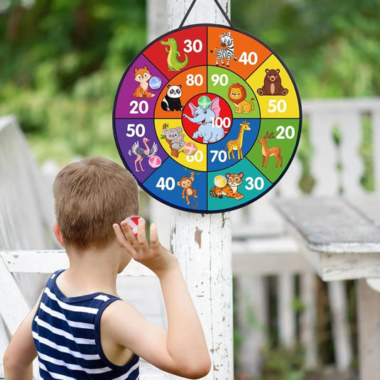 Kinderdartspel 66 cm met dubbelzijdig dierenbord, 6 kleefballen en 6 dartpijlen – mikvaardigheid – speelplezier - happygetfit.com
