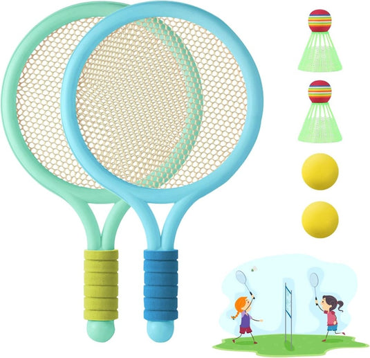 Kinderracketset met 2 rackets, 2 tennisballen en 2 badmintonshuttles – racketspel – buitenspeelgoed - happygetfit.com