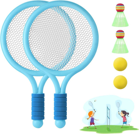 Kinderracketset met 2 rackets, 2 tennisballen en 2 badmintonshuttles – racketspel – buitenspeelgoed - happygetfit.com