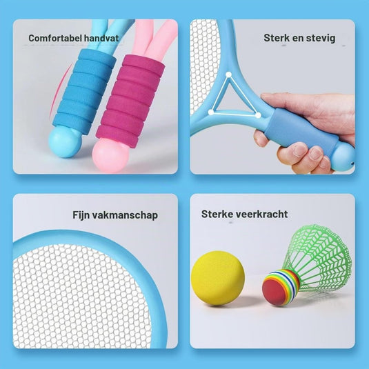 Kinderracketset met 2 rackets, 2 tennisballen en 2 badmintonshuttles – racketspel – buitenspeelgoed - happygetfit.com