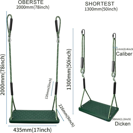 Kinderschommel met verstelbare touwen 130-200 cm tot 150 kg groen – schommelzitje – binnen en buiten - happygetfit.com