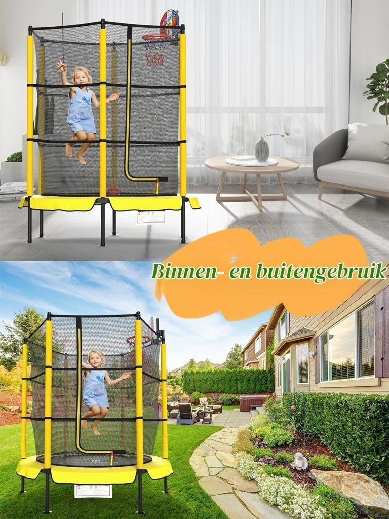 Laden Sie das Bild in Galerie -Viewer, Kindertrampoline 145 cm met veiligheidsnet en verstelbare basketbalmand – trampoline – indoor outdoor - happygetfit.com
