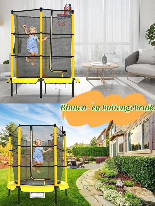 Kindertrampoline 145 cm met veiligheidsnet en verstelbare basketbalmand – trampoline – indoor outdoor - happygetfit.com
