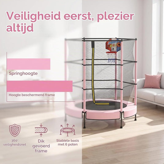 Kindertrampoline 145 cm met veiligheidsnet en verstelbare basketbalmand – trampoline – indoor outdoor - happygetfit.com