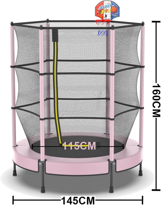 Kindertrampoline 145 cm met veiligheidsnet en verstelbare basketbalmand – trampoline – indoor outdoor - happygetfit.com