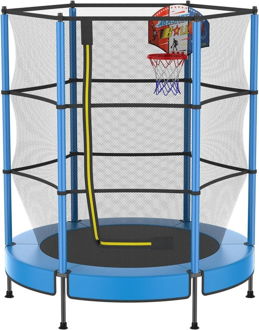 Kindertrampoline 145 cm met veiligheidsnet en verstelbare basketbalmand – trampoline – indoor outdoor - happygetfit.com