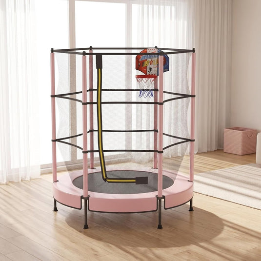 Kindertrampoline 145 cm met veiligheidsnet en verstelbare basketbalmand – trampoline – indoor outdoor - happygetfit.com