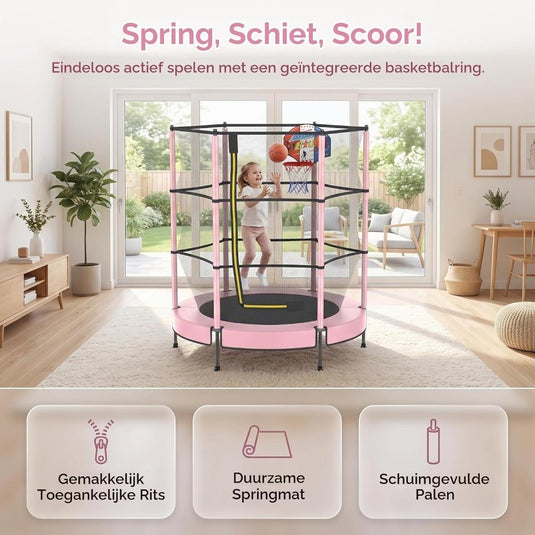 Kindertrampoline 145 cm met veiligheidsnet en verstelbare basketbalmand – trampoline – indoor outdoor - happygetfit.com