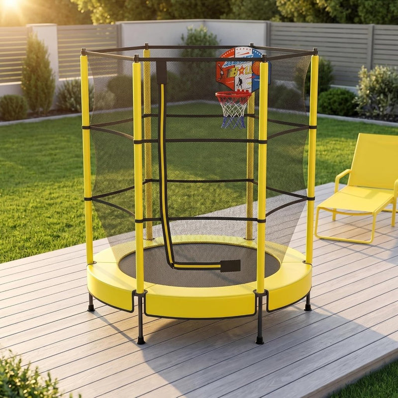 Laden Sie das Bild in Galerie -Viewer, Kindertrampoline 145 cm met veiligheidsnet en verstelbare basketbalmand – trampoline – indoor outdoor - happygetfit.com
