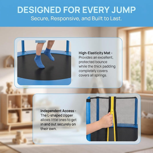 Kindertrampoline 145 cm met veiligheidsnet en verstelbare basketbalmand – trampoline – indoor outdoor - happygetfit.com