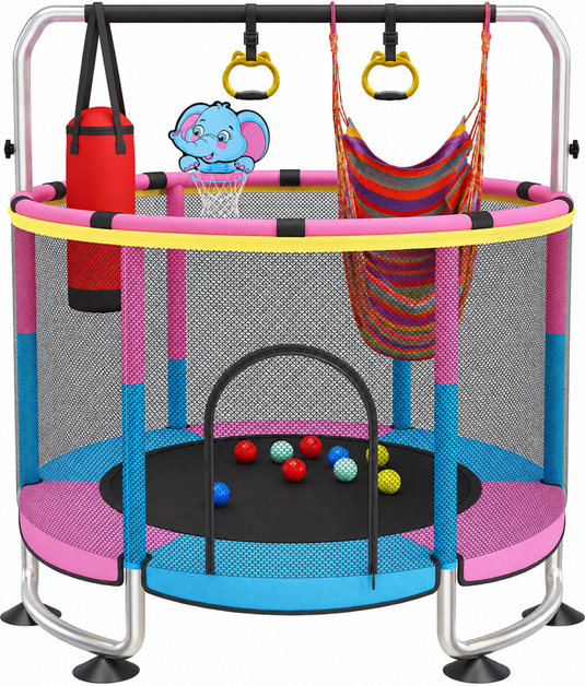 Kindertrampoline 150 cm met veiligheidsnet schommel en basketbalmand roze – trampoline – indoor outdoor - happygetfit.com